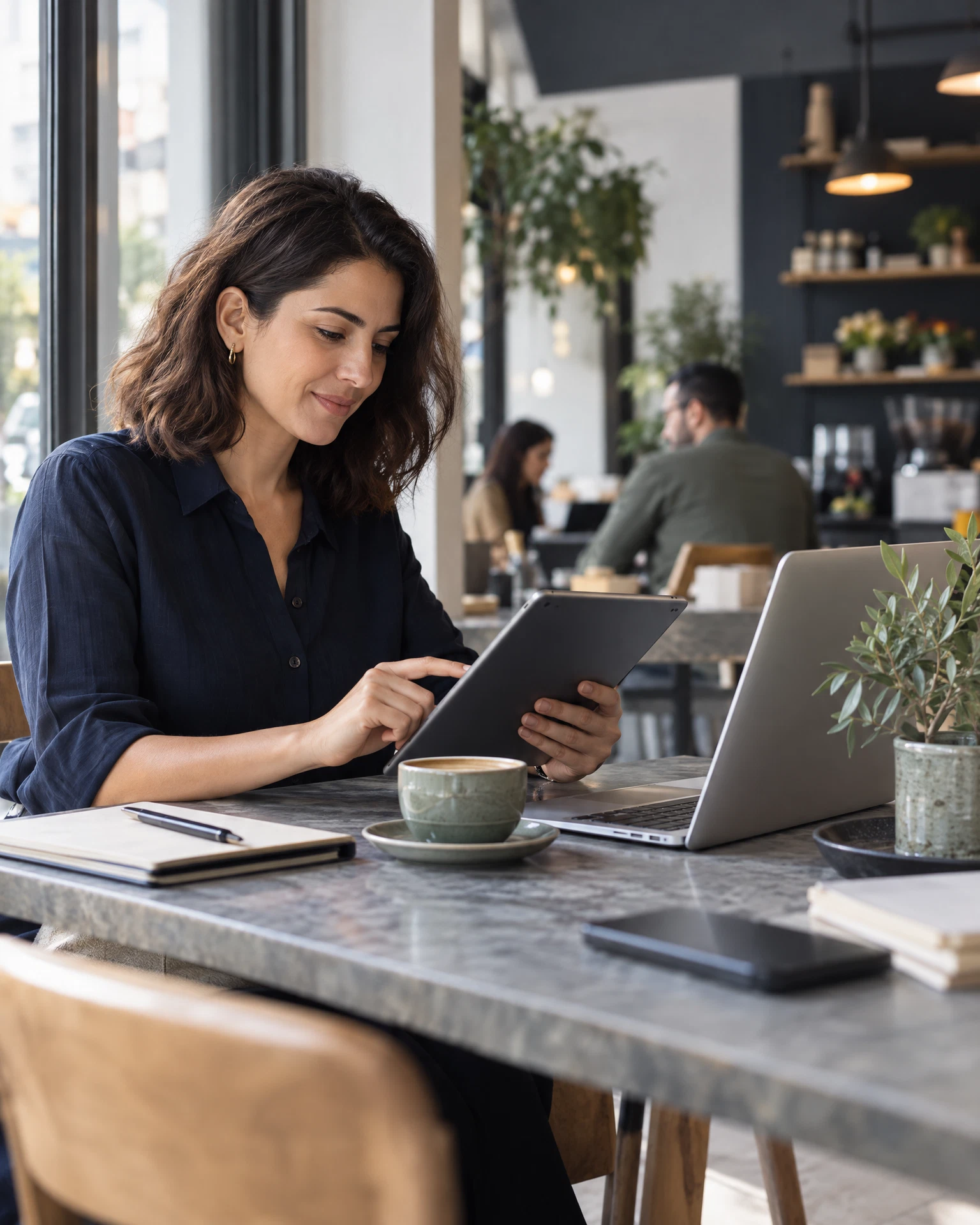 Business owner reviewing sales on a tablet at a desk